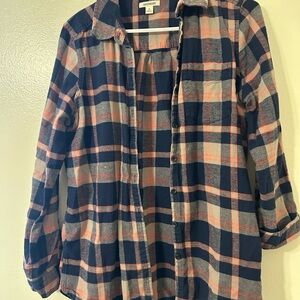 Casual Navy and Orange Plaid Button-Down Shirt